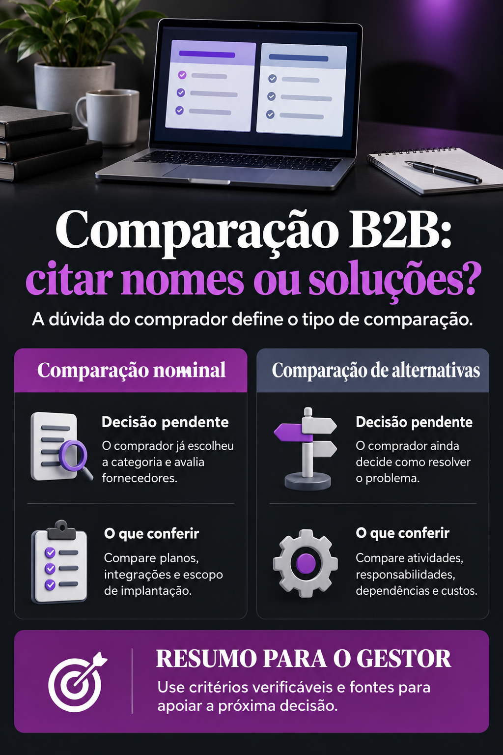 Infográfico: Página comparativa B2B deve citar nomes ou comparar soluções?