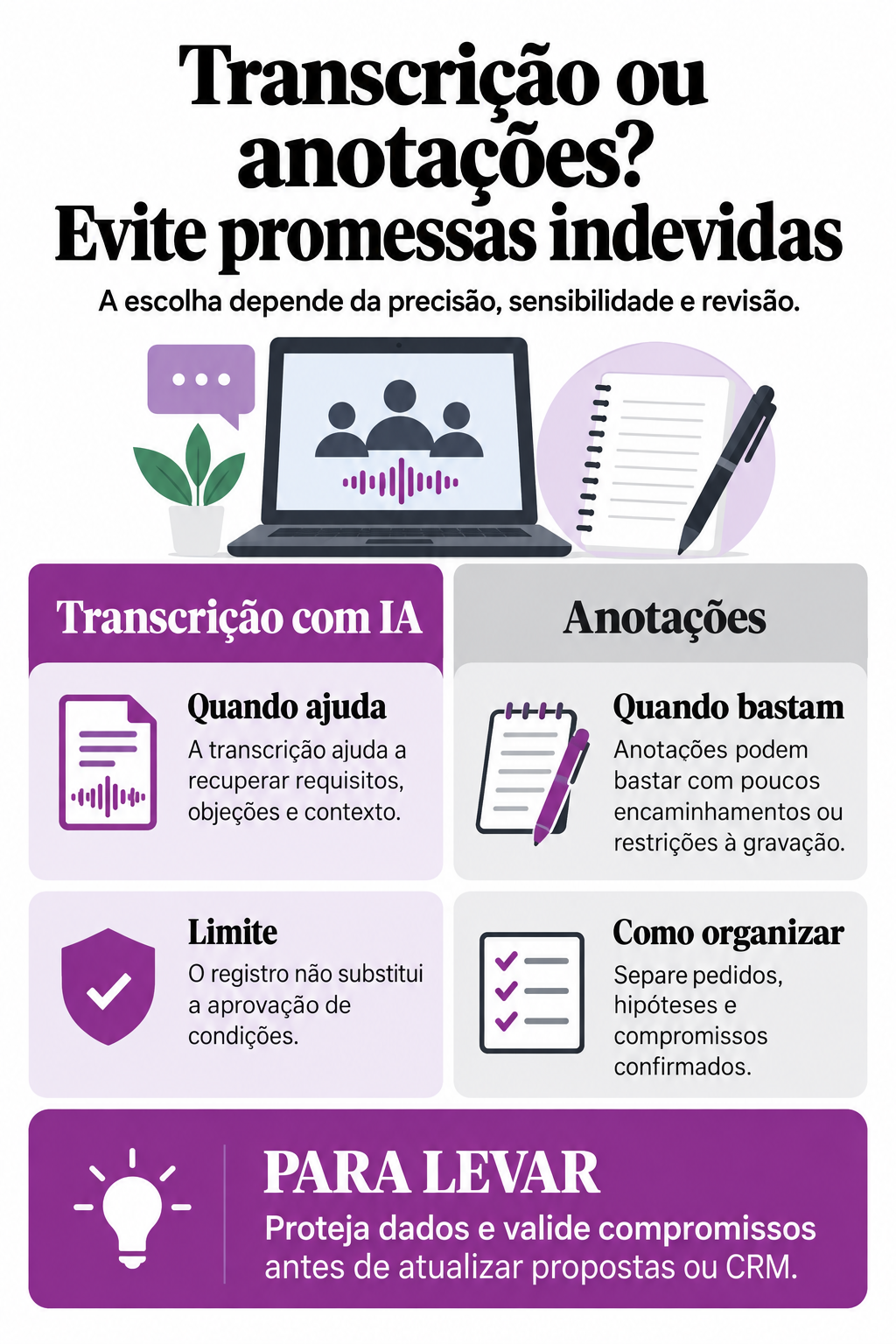 Infográfico: Transcrição com IA ou anotações? Evite promessas indevidas